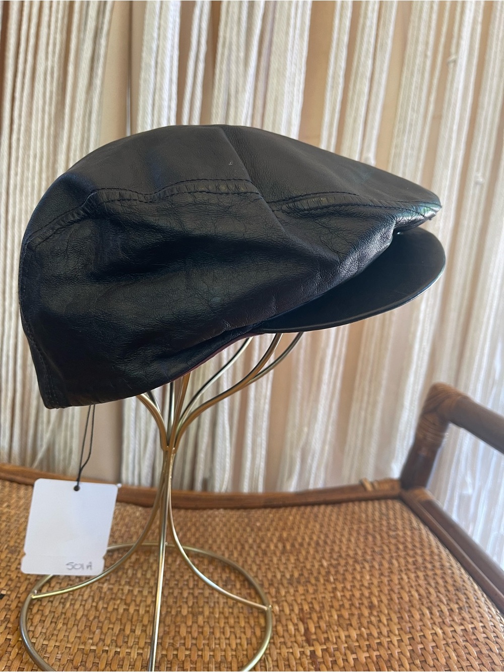 vintage black leather newsboy cap Gatsby hat baker boy hat sturdy brim cabbie - Picture 2 of 14